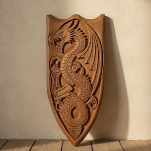 Handcrafted Wooden Dragon Shield – Medieval Viking Carved Wall Art