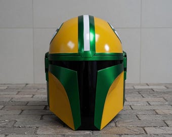 Green Yellow Mandalorian Helmet | Handcrafted Metal Cosplay Helmet | Sci-Fi Bounty Hunter Armor Mask | Collector Display Helmet Gift