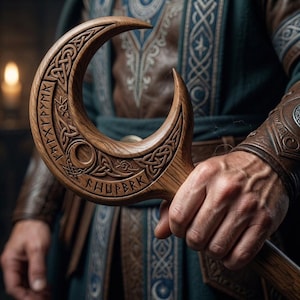 Måntrollkarlsstav – handskuren nordisk runstav, fantasimagikerkäpp, druidisk promenadkäpp, medeltida cosplay-rekvisita (122 cm)