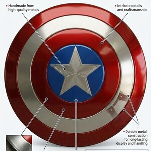 May include: Authentic handmade Captain America Vibranium shield replica. The shield features a vibrant red, blue, and silver color palette. It is made from high-quality metals with intricate details and hand-hammered textures. Durable metal construction for display.