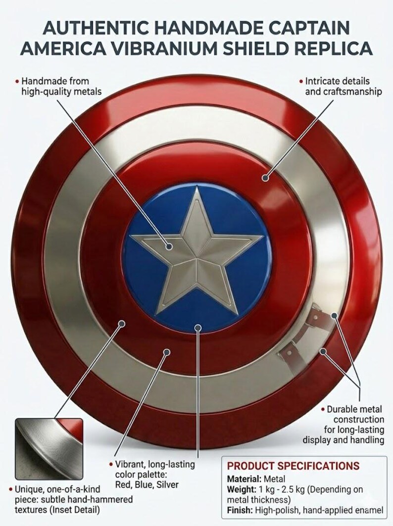 May include: Authentic handmade Captain America Vibranium shield replica. The shield features a vibrant red, blue, and silver color palette. It is made from high-quality metals with intricate details and hand-hammered textures. Durable metal construction for display.