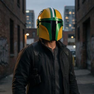 Pu&ograve; includere: Un casco Mandaloriano giallo e verde con strisce bianche. Il casco ha una visiera a forma di T. La persona che indossa il casco indossa una giacca nera e una camicia grigia. Lo sfondo mostra un vicolo in mattoni e degli edifici.