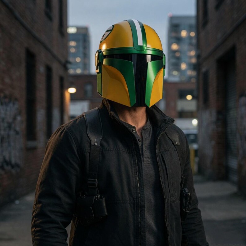 Pu&ograve; includere: Un casco Mandaloriano giallo e verde con strisce bianche. Il casco ha una visiera a forma di T. La persona che indossa il casco indossa una giacca nera e una camicia grigia. Lo sfondo mostra un vicolo in mattoni e degli edifici.