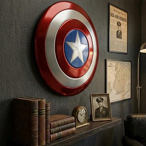 May include: A Captain America shield, red, silver, and blue, hangs on a dark gray wall. Below, a wooden shelf displays vintage books, a clock, a framed photo, and a newspaper clipping. The room has a classic, vintage aesthetic.