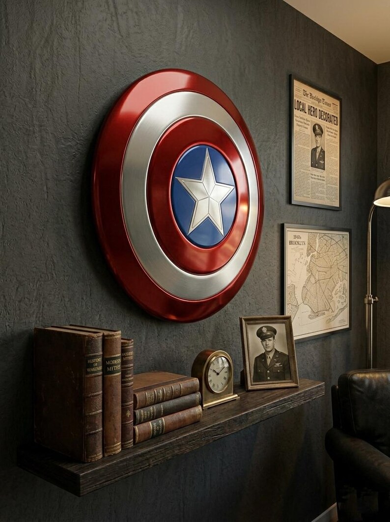 May include: A Captain America shield, red, silver, and blue, hangs on a dark gray wall. Below, a wooden shelf displays vintage books, a clock, a framed photo, and a newspaper clipping. The room has a classic, vintage aesthetic.