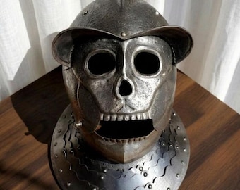 Steel Skull Helmet Sculpture | Gothic Medieval Armor Art, Dark Academia Decor