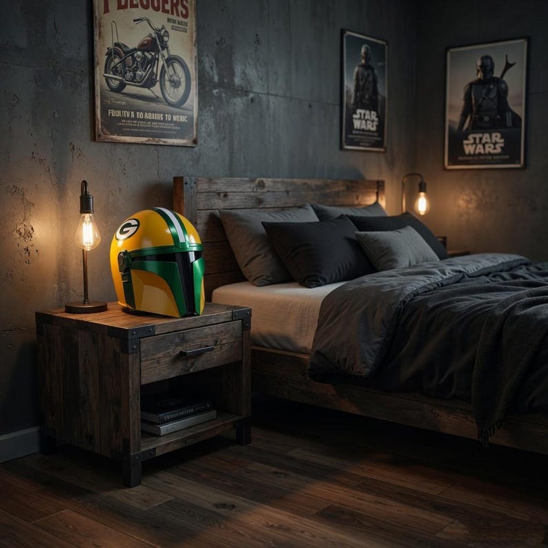 Pu&ograve; includere: Un casco giallo, verde e bianco con il logo di una squadra di football americano &egrave; appoggiato su un comodino di legno. La stanza ha un tema rustico e industriale con poster di Star Wars e un poster di moto vintage.