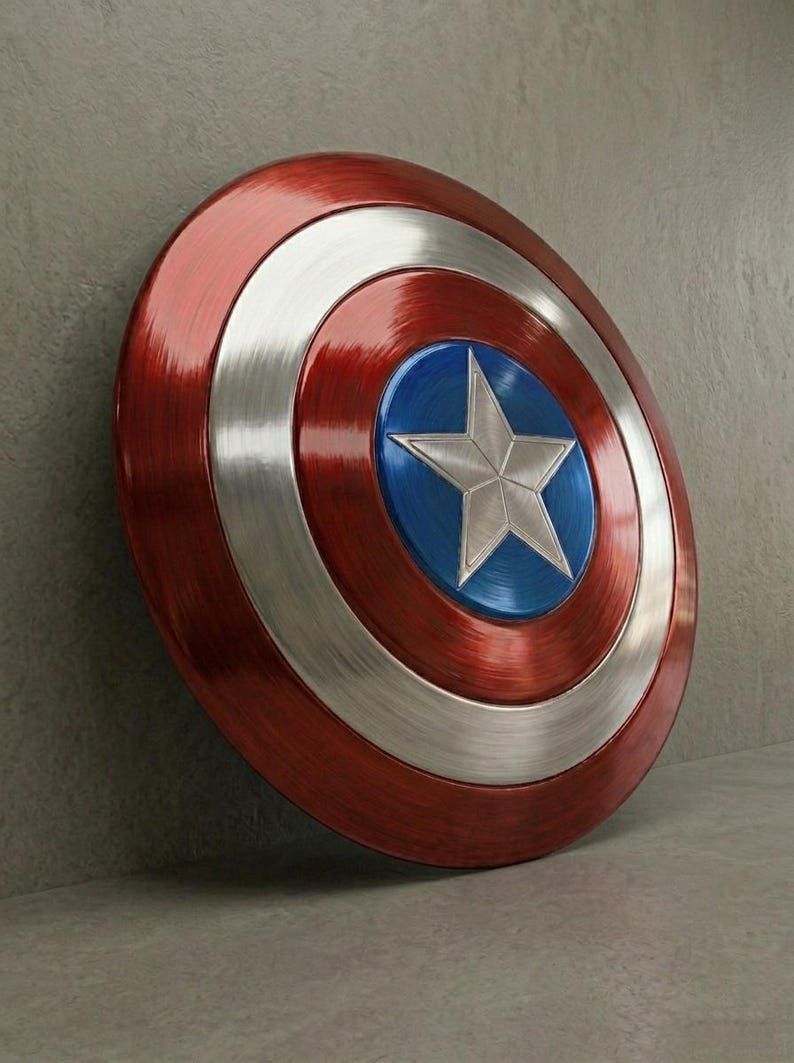 May include: A metallic red, silver, and blue shield with a star emblem. The shield has a circular design with concentric rings of red, silver, and blue. A silver star is centered on the blue circle. The shield is leaning against a gray surface.
