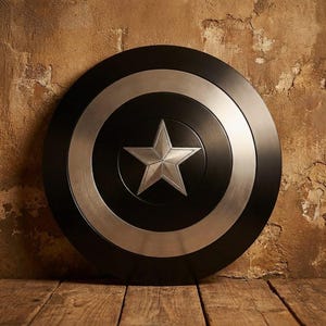 May include: A black and silver shield featuring a large silver star at its centre. The shield has a circular design with a silver ring around the central star. The shield is displayed on a wooden surface.