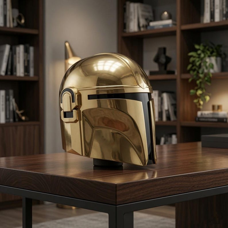 May include: A polished gold-colored helmet featuring a smooth, rounded dome and a T-shaped black visor section. The helmet has a metallic, reflective finish with distinct geometric contours along the sides and a prominent ear-piece detail.