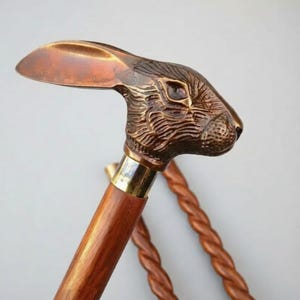 Rabbit brass handle cane | solid wood walking stick | vintage style, 36-inch