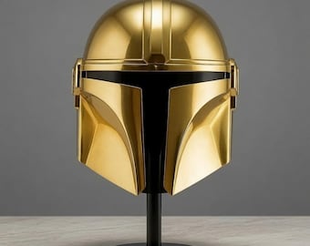 Golden Mandalorian Helmet – Handmade Metal Cosplay Helmet, Sci-Fi Armor Replica, Collector Display, Costume Prop Gift