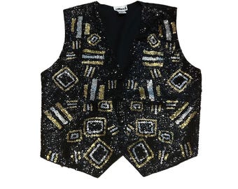 Vintage WOMENS 80's Y2K Vest Beaded Small Disco Sequin Black Gold magician pop