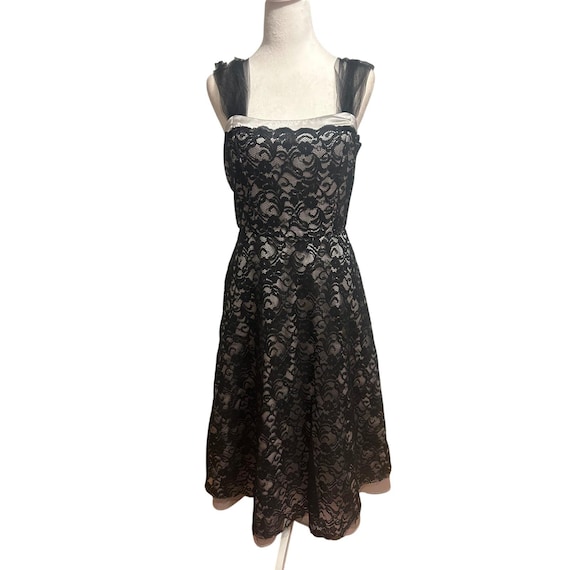 WHBM SZ 10 Black Lace Silver Gray Tea Length Formal Cocktail Dress Wedding Party
