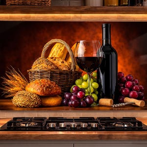May include: A still life image featuring a bottle of red wine, a wine glass filled with red wine, and a basket of bread. Grapes and wheat stalks are also present. The scene is set against a warm, orange-toned background.