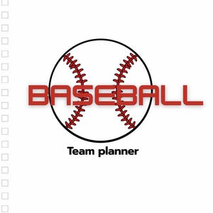 Op de afbeelding: Een witte achtergrond met een honkbalafbeelding. De honkbalafbeelding heeft een zwarte omtrek met rode stiksels en het woord "BASEBALL" in het rood. De tekst "Team planner" staat eronder.