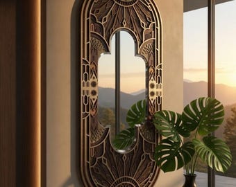 Sierlijke islamitische wandspiegel - gelaagde hout lasergesneden kunst aan de muur - decoratieve boogspiegel voor woonkamer - geometrische houtsnijspiegel
