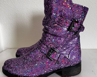 Botas holgadas únicas personalizadas de color morado con purpurina gruesa Earth Talus Moto, talla 9.5
