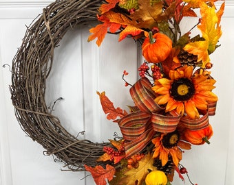 Fall wreath, Fall grapevine wreath, Front door wreath