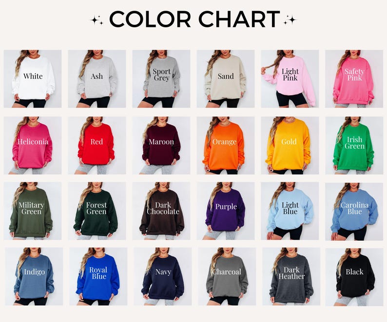 Puede incluir: Una carta de colores muestra una variedad de colores de sudaderas, incluyendo blanco, ceniza, gris deportivo, arena, rosa claro, rosa de seguridad, rojo, granate, naranja, oro y negro. El texto "CARTA DE COLORES" est&aacute; en la parte superior.