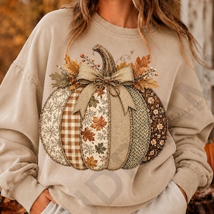 Pumpkin png, pumpkin with bow, bow png, Patchwork Pumpkin png, Digital Download, cozy autumn shirt,  Quilted Pumpkin File, Fall design,