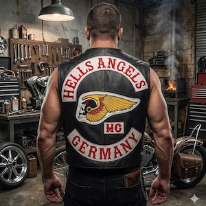 Könnte beinhalten: Schwarze Lederweste mit dem Logo "HELLS ANGELS" in Rot und Weiß, mit einem Totenkopf-mit-Flügeln-Emblem. Die Weste zeigt auch "GERMANY" und "MG". Das Bild ist in einer Garage mit einem Motorrad aufgenommen.