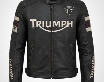 Giacca da motociclista da uomo in pelle nera stile Triumph / Giacca da motociclista vintage Cafe Racer con spalle trapuntate e strisce da corsa
