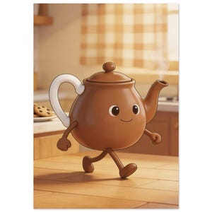 Könnte beinhalten: Eine skurrile Illustration einer braunen Teekanne mit weißem Griff und Ausguss, die auf einer Holzoberfläche geht. Die Teekanne hat ein lächelndes Gesicht und stößt Dampf aus. Schokoladenkekse befinden sich auf einem Teller im Hintergrund.