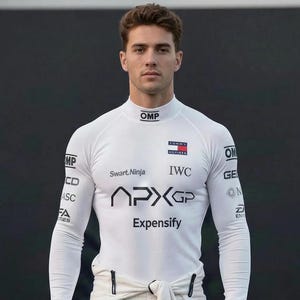 May include: A white long-sleeve mock neck racing shirt featuring the OMP logo on the collar, a Tommy Hilfiger patch on the chest, and various sponsor logos including Swart Ninja, IWC, APX GP, and Expensify printed across the front and sleeves.