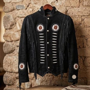 Men’s Black Western Cowboy Suede Leather Jacket with Fringes, Native American Style Coat