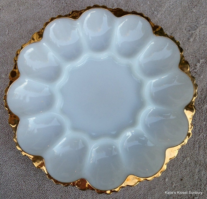 Vintage Milk Glass Deviled Egg Plate with Gold Trim Etsy