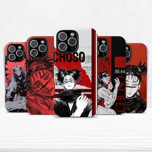 May include: Five phone cases with anime-style artwork in red and black. The cases display different character designs, with the word "CHOSO" printed on one. The cases are arranged in a row.