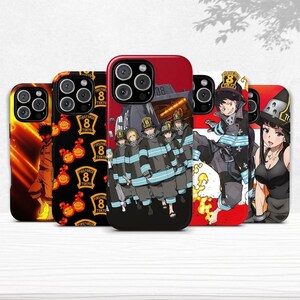 May include: A collection of phone cases featuring anime-style illustrations. Designs include characters and logos from the Fire Force series. The cases showcase vibrant colors and detailed artwork, with the text "FIRE FORCE 8 TOKYO".