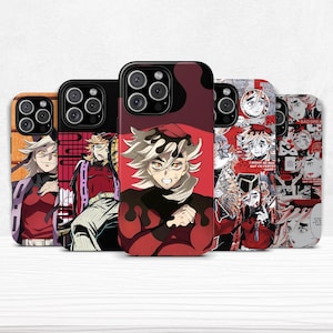 May include: A collection of five phone cases featuring anime character designs. The cases display various illustrations of a character with white hair and red clothing. The cases have a glossy finish and are designed for a smartphone.