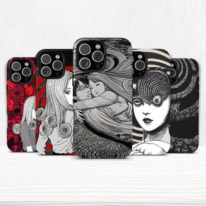 May include: A collection of five phone cases featuring black and white manga-style illustrations. The cases showcase various designs, including portraits and abstract patterns, with a red and black color scheme on some.