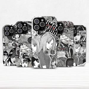 May include: A collection of black and white phone cases featuring manga-style illustrations. The cases display various images, including portraits of women, swirling patterns, and Japanese text. The overall aesthetic is a blend of gothic and artistic styles.