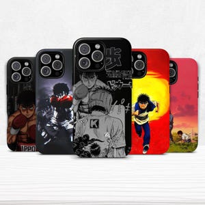 May include: Five phone cases with manga-style boxing illustrations. The cases showcase dynamic action poses and character portraits in black, white, red, and yellow. Some cases feature Japanese text.