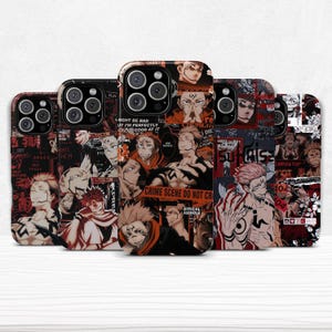 May include: A collection of phone cases featuring a collage of anime-style illustrations in shades of red, black, and white. The cases display various characters and text, including "CRIME SCENE DO NOT CROSS" and "MIGHT BE BAD UT I'M PERFECTLY GOOD AT IT."