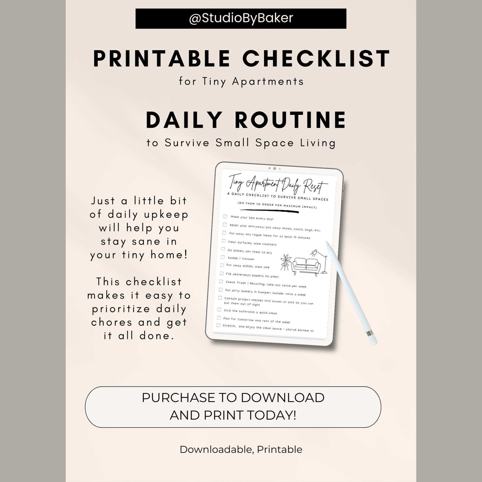 Tiny Apartment Daily Checklist – Printable Minimalist Routine, Small ...
