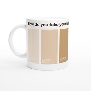 Hoe neem je je theemok, mok met minimale theekleurenkaart, grappig Brits theecadeau, No Milk No Mercy