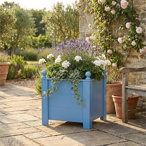 Solid Cedar Painted Wood Planter with Ball Finials – Traditional Outdoor Garden Pot