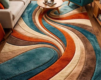 Abstract Wave Area Rug, Modern Handmade Wool Carpet, Colorful Contemporary Living Room Rug, Artistic Statement Floor Rug