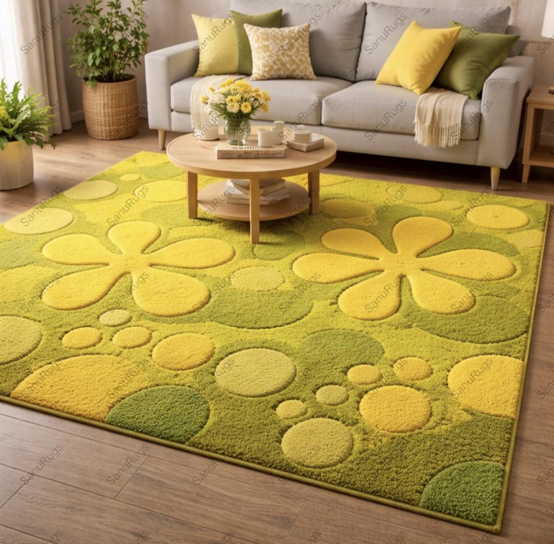 Handmade Wool Floral Area Rug, Yellow Green, Contemporary Decor - Etsy