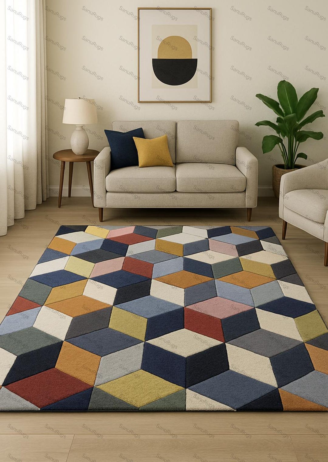Hand Tufted Wool Rug, Modern Geometric 3D Cube Pattern, Navy Blue ...