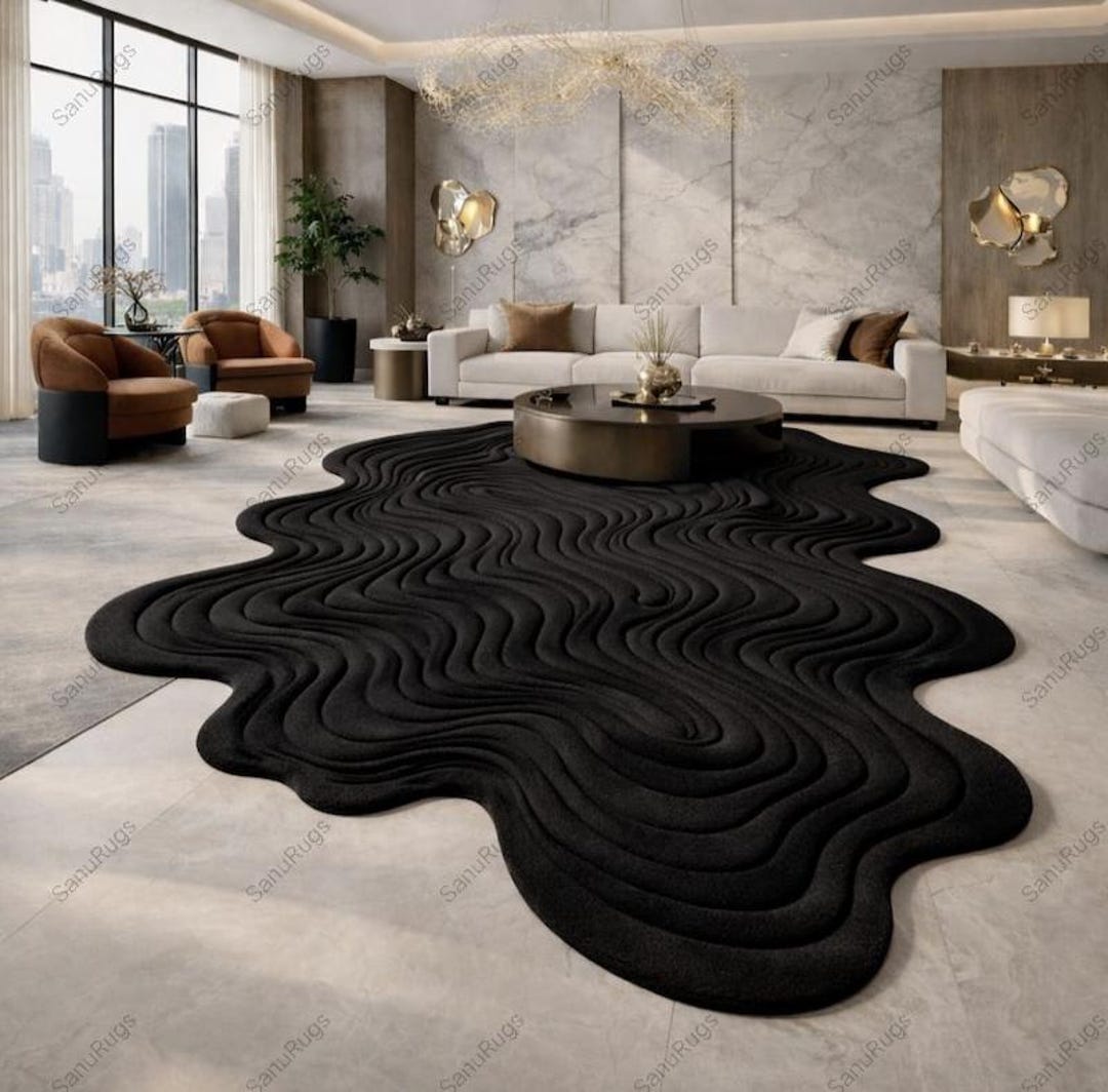 Hand Tufted Black Wool Rug, Modern Wave Design, Sculpted Abstract ...