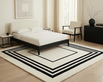 Handmade Wool Geometric Border Rug, Modern Minimalist Carpet, Contemporary Living Room