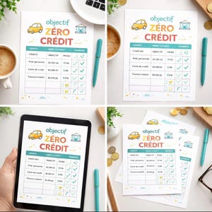 Peut inclure: Plusieurs feuilles de calcul de planification financière avec le titre "Objectif Zéro Crédit". Elles présentent un dessin de voiture jaune et une icône de banque. Les feuilles sont divisées en sections pour les crédits, les objectifs et les paiements.