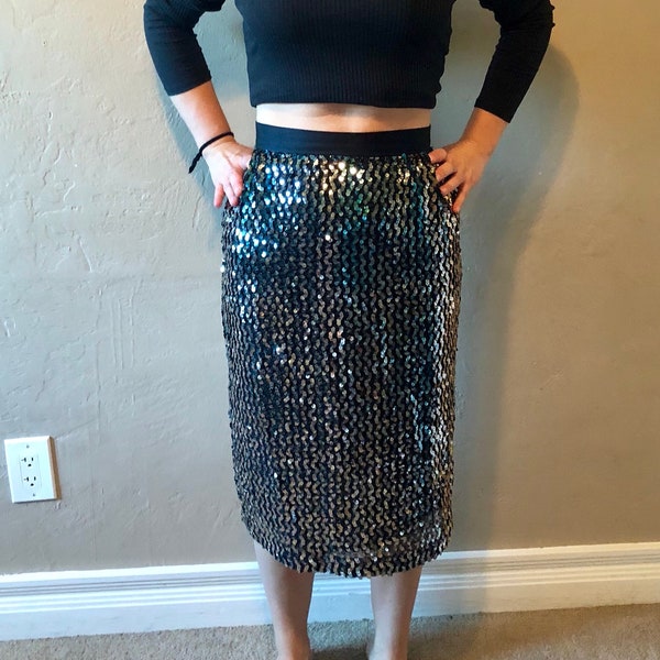 Sequin Ombre High Waisted Pencil Skirt Wide Band Midi Formal Glitter Blue Fancy
