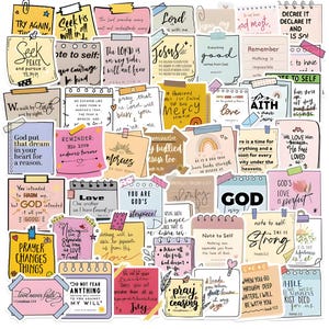 Könnte beinhalten: Eine Sammlung bunter Haftnotizen mit inspirierenden Zitaten und religiösen Phrasen. Die Notizen weisen verschiedene Designs auf, darunter Regenbogen, Herzen und florale Akzente. Der Text enthält Sätze wie "Gottes Liebe ist perfekt" und "bete ohne Unterlass".