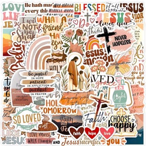 Könnte beinhalten: Eine Sammlung farbenfroher Aufkleber mit religiösen Themen. Die Aufkleber zeigen Sätze wie "Jesus liebt dich", "Glaube" und "Wähle Glück". Zu den Bildern gehören ein Kreuz, ein Regenbogen und Illustrationen von Jesus.